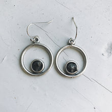 Load image into Gallery viewer, Circle Silver Earrings with Raw Meteorite
